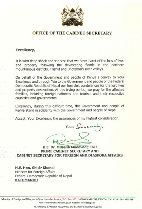 Letter of condolence from the Office of the Cabinet Secretary, Ministry of Foreign and Diaspora Affairs of the Republic of Kenya